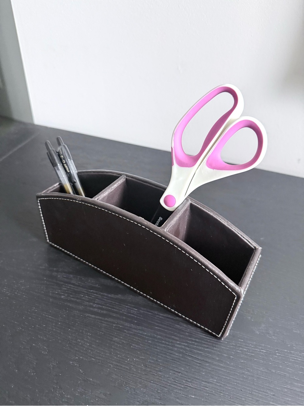 Brown Leather Desk Organizer with Three Compartments
